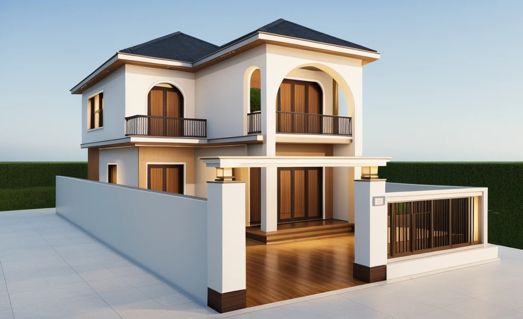 Neoclassical Japanese roof house, There are trees around, blue sky, Pretty, The house has a light yellow light
