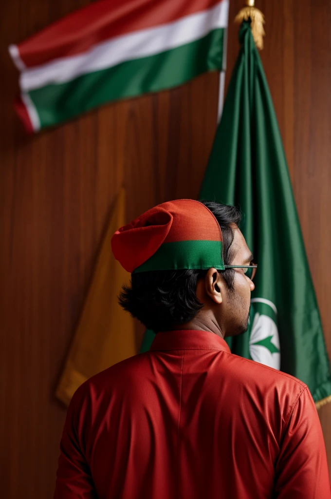 A person with Bangladesh flag. Background is red. The photo taken from back.