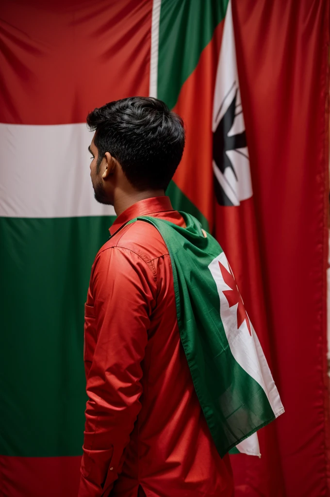 A person with Bangladesh flag. Background is red. The photo taken from back.