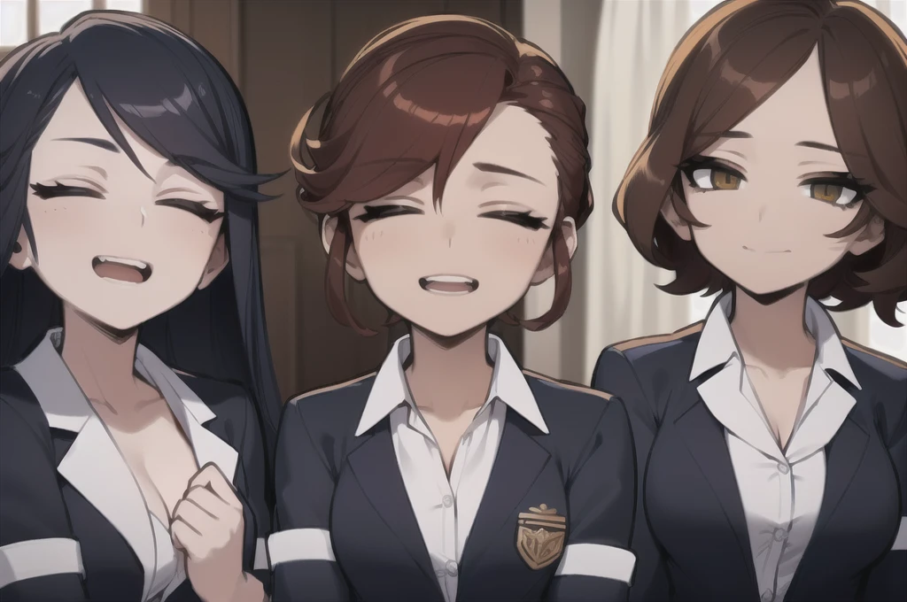 three sexy women in navy outfits who are wives of 4 years old boy, portrait, closed eyes, opened mouths, short curly orange hair