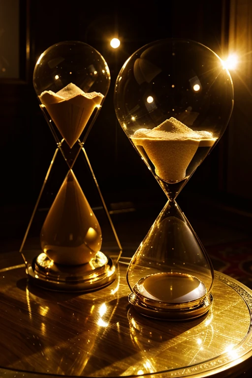 giant golden hourglass surrounded by riches 