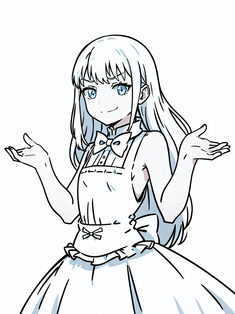 (1girl,8 years old,small),white hair,long hair,white dress, sleeveless, bow tie, bare shoulders,(white background,line drawing),angry,smile,upper body,looking at view,from below,shrugging