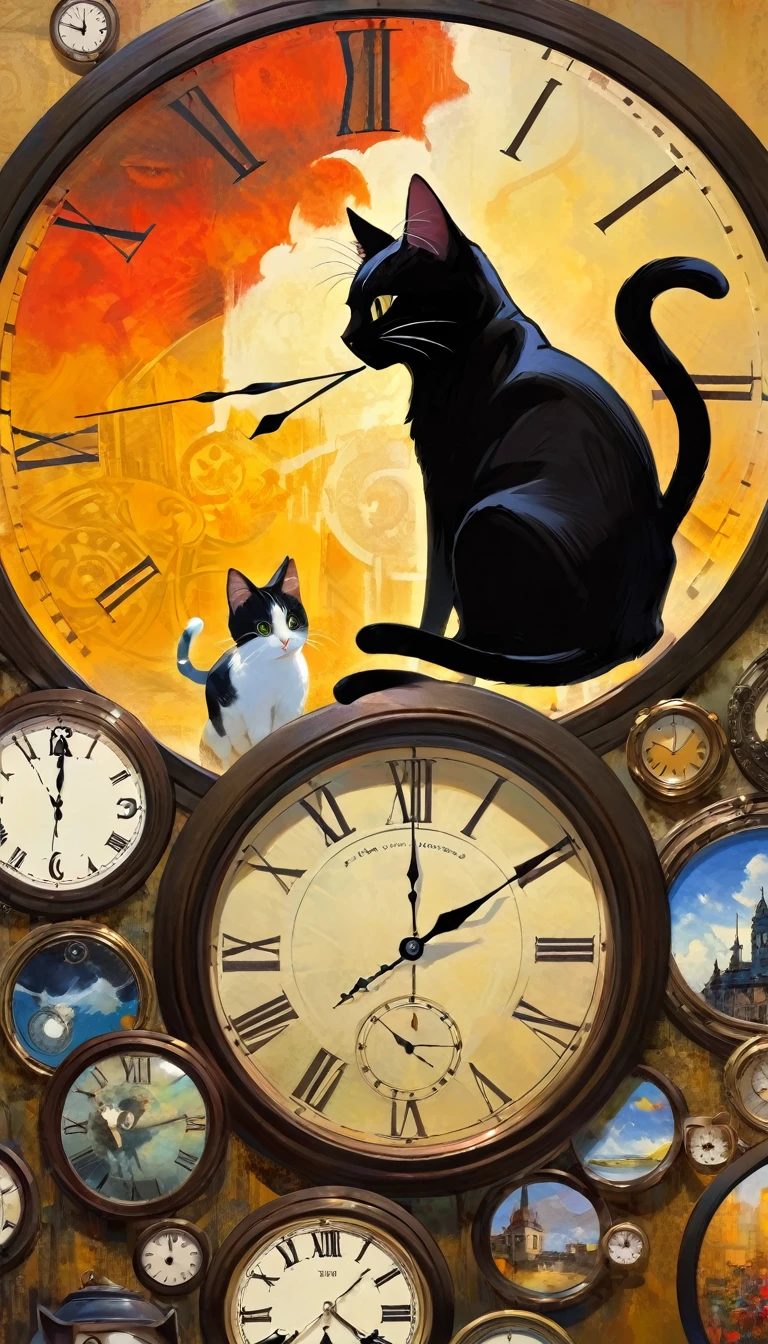 a cat in clockworld theme:1.5 (art inspired by Bill Sienkiewicz). oil painting)