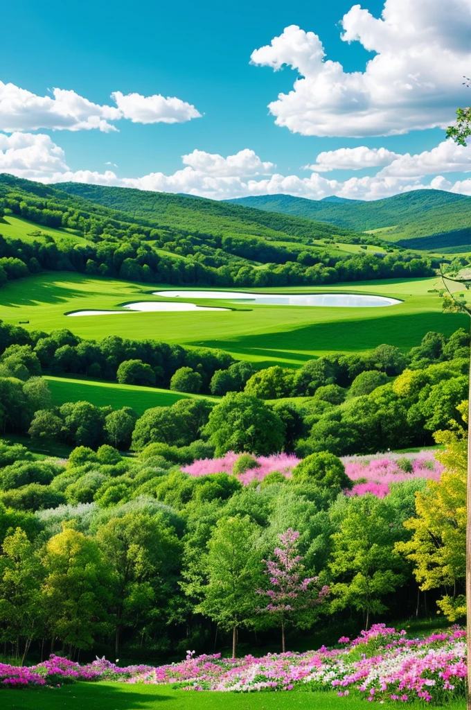 Stunning landscape. High quality. Trees colored white, green, blue and pink. Flowers everywhere. The soft, dark green grass. clear sky.