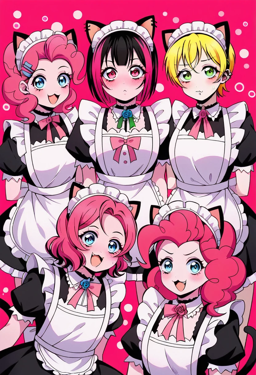 (Emo Art:1.6), masterpiece, 4K, bokeh, High school girls, (multiple girls:1.6), (group photo:1.5), pretty face, (cat ears:1.3), (Neon pink bob hair:1.6) , (Japanese Idol:1.6), flushed face, (Pink Maid Costume :1.4), look at the viewer, closeup,
(pink background :1.4), (Neonpinkes Rose Millar Zimmer:1.6)
