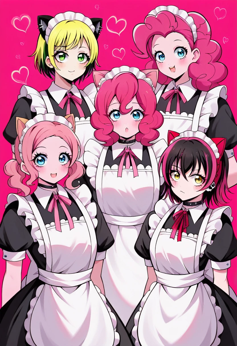 (Emo Art:1.6), ​masterpiece, 4K, bokeh, High school girls, (multiple girls:1.6), (group photo:1.5), pretty face,  (cat ears:1.3), (Neon pink bob hair:1.6) , (Japanese Idol:1.6), flushed face, (Pink Maid Costume :1.4), look at the viewer, closeup, 
 (pink background :1.4), (Neonpinkes Rose Millar Zimmer:1.6)