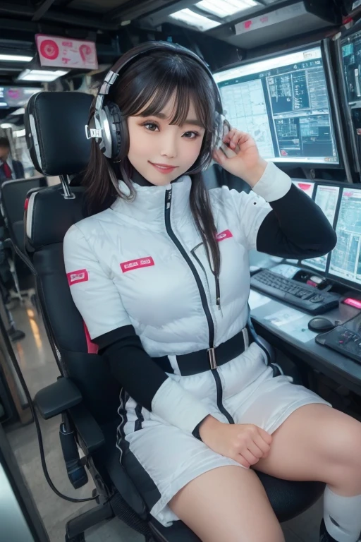 masterpiece, Highest quality, Very detailed, 8K Portrait,Japanese Android Girl,plump , Control panel,Robotic arms and legs, Blunt bangs,,break (Metallic Gray, Metallic luster, Mirror finish, Astro Best):5,headphone:5,break (Black sleeves):100,Smart Watches,Futuristic space station,Control Room,break headphone,blue eyes,(Black Hair):2,(Long Hair):1.3,Viewer Display,(respirator),break blush:3,Hidden Hand,smile