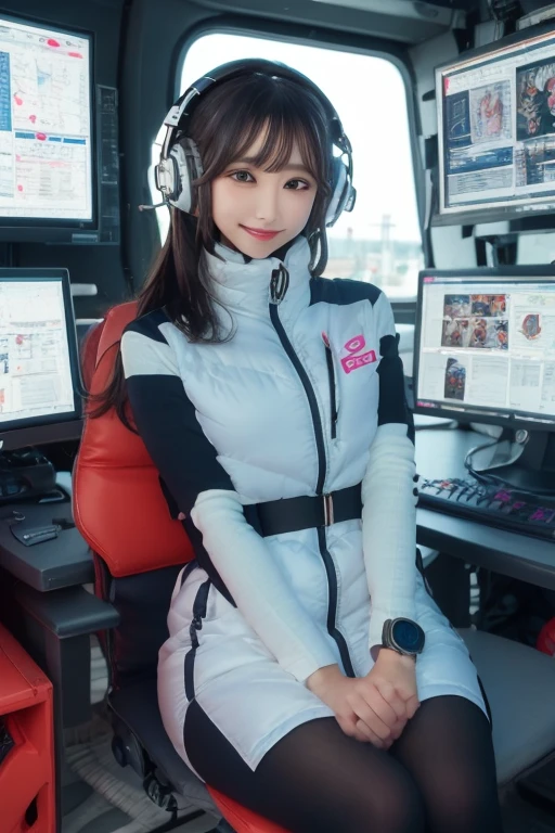 masterpiece, Highest quality, Very detailed, 8K Portrait,Japanese Android Girl,plump , Control panel,Robotic arms and legs, Blunt bangs,,break (Metallic Gray, Metallic luster, Mirror finish, Astro Best):5,headphone:5,break (Black sleeves):100,Smart Watches,Futuristic space station,Control Room,break headphone,blue eyes,(Black Hair):2,(Long Hair):1.3,Viewer Display,(respirator),break blush:3,Hidden Hand,smile