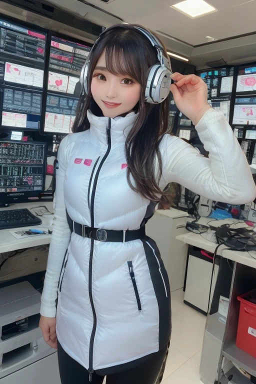 masterpiece, Highest quality, Very detailed, 8K Portrait,Japanese Android Girl,plump , Control panel,Robotic arms and legs, Blunt bangs,,break (Metallic Gray, Metallic luster, Mirror finish, Astro Best):5,headphone:5,break (Black sleeves):100,Smart Watches,Futuristic space station,Control Room,break headphone,blue eyes,(Black Hair):2,(Long Hair):1.3,Viewer Display,(respirator),break blush:3,Hidden Hand,smile