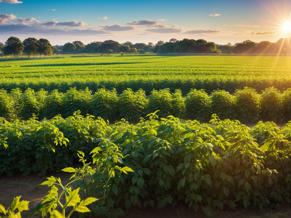 a field of tomato plantations, at dawn, green and incredibly beautiful leaves, with a bright sun centered in the background in a blue sky, canon5 camera, 24mm lens, advertising photo, cinematography