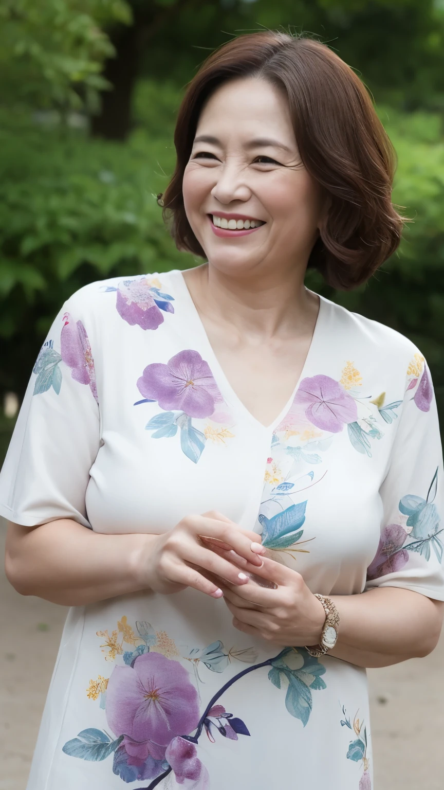 , Standing in the park, Wrinkles around the eyes, Smiling with teeth showing, Japanese painting, senior citizen, Draw lips correctly, Red lipstick, No discomfort, 16K, Highest quality, Very detailed, Realistic, Very detailed肌, (Japanese), (alone), 100 years old, Large Breasts, , Glamour, sexy, Chromo White Skin, Staring straight ahead,