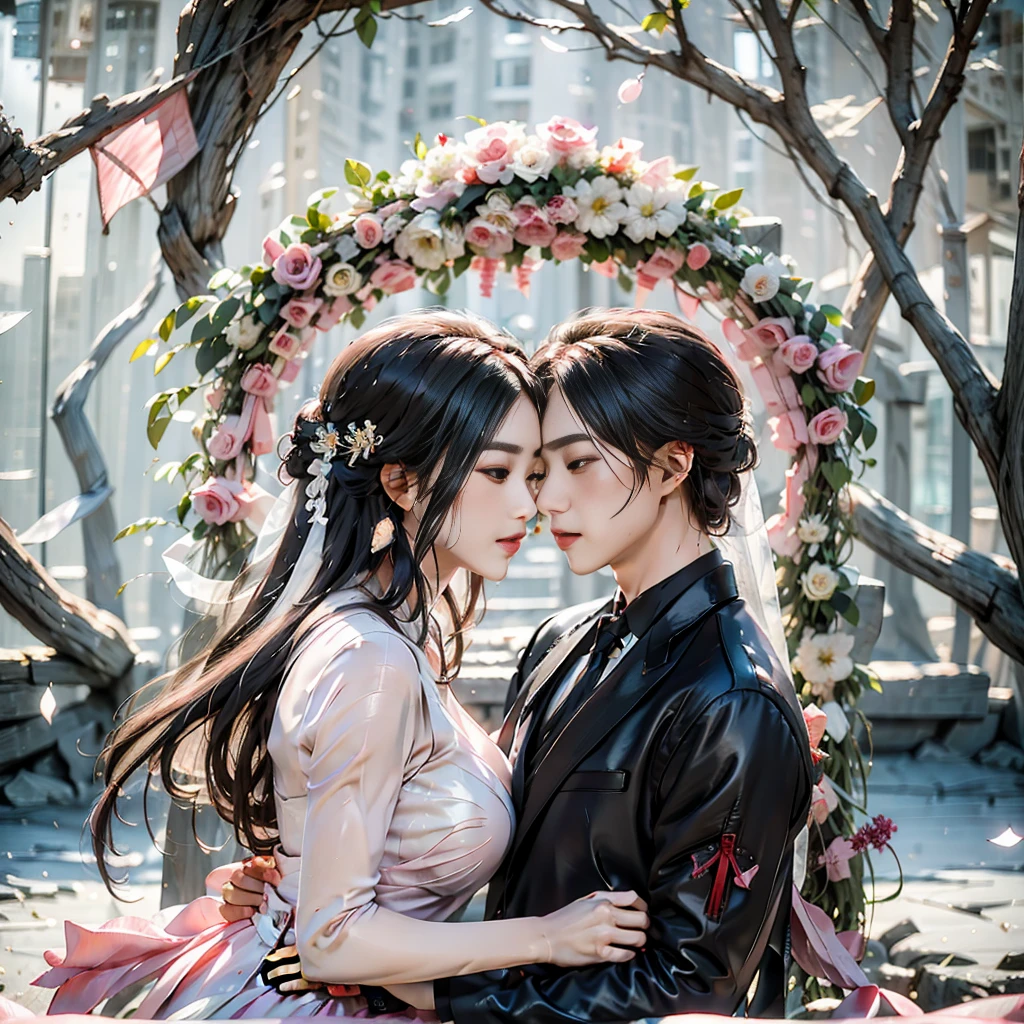Bride and groom kissing in front of flower arch, wedding photo, Background with, Romantic, luxurious wedding, kissing together cutely, Weddings, Shot with Canon EOA 6 D Mark II, couple kissing, trailer, lovely kiss, professional wedding photography, 🤬 🤮 💕 🎀, 𝓡𝓸𝓶𝓪𝓷𝓽𝓲𝓬, wedding photography, kisses, behind the scenes, cute couple, jia
