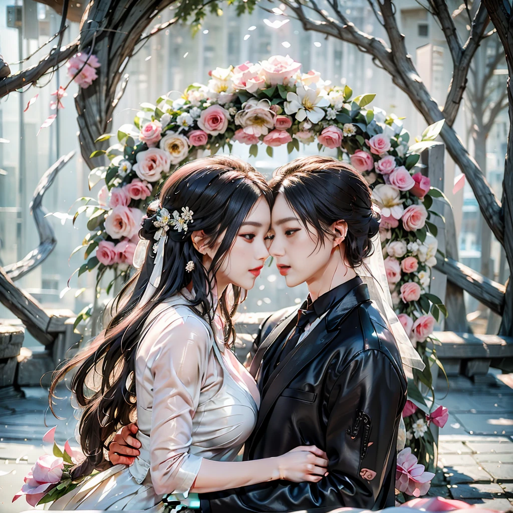 Bride and groom kissing in front of flower arch, wedding photo, Background with, Romantic, luxurious wedding, kissing together cutely, Weddings, Shot with Canon EOA 6 D Mark II, couple kissing, trailer, lovely kiss, professional wedding photography, 🤬 🤮 💕 🎀, 𝓡𝓸𝓶𝓪𝓷𝓽𝓲𝓬, wedding photography, kisses, behind the scenes, cute couple, jia