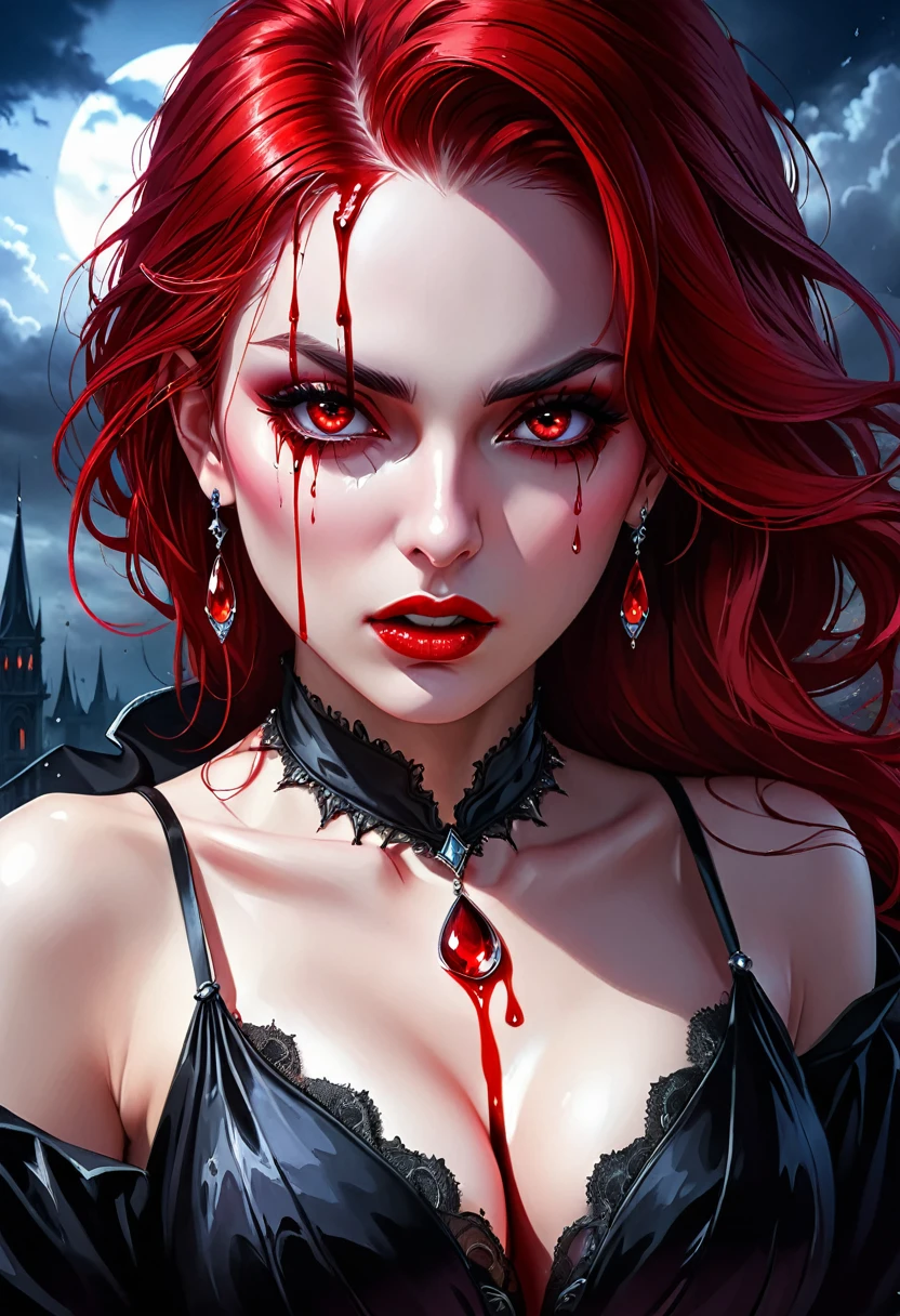 a portrait of vampire with a bloody tear coming down from he eye, an exotic beautiful female vampire, red hair color, dynamic hair style, ultra detailed face, best detailed face, dynamic eye color, ((1single red teardrop, teardrop made of blood coming down from the eye: 1.3)), small cleavage, wearing two black diamond earrings, Ultra-high resolution, High Contrast, (masterpiece:1.5), highest quality, Best aesthetics), 16K fantasy art, best details, best quality, highres, (ultra wide angle: 1.2), 16k, [ultra detailed], masterpiece, best quality, (extremely detailed), ladyshadow, magical sky, crying style