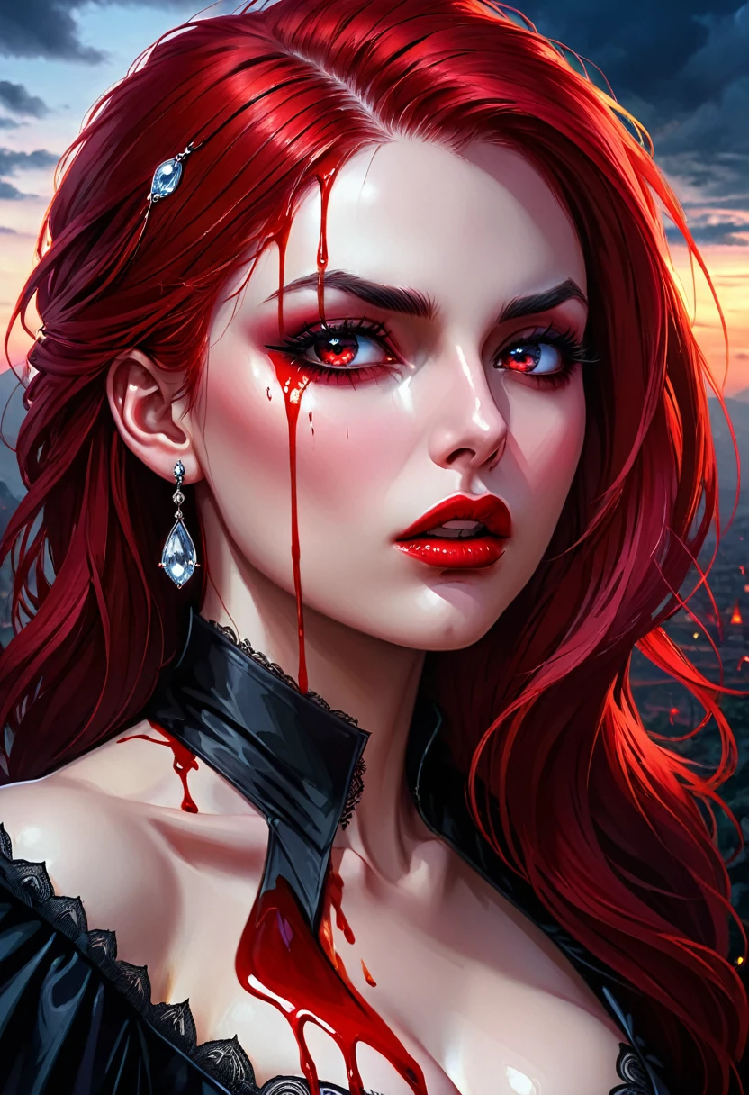 a portrait of vampire with a bloody tear coming down from he eye, an exotic beautiful female vampire, red hair color, dynamic hair style, ultra detailed face, best detailed face, dynamic eye color, ((1single red teardrop, teardrop made of blood coming down from the eye: 1.3)), small cleavage, wearing two black diamond earrings, Ultra-high resolution, High Contrast, (masterpiece:1.5), highest quality, Best aesthetics), 16K fantasy art, best details, best quality, highres, (ultra wide angle: 1.2), 16k, [ultra detailed], masterpiece, best quality, (extremely detailed), ladyshadow, magical sky, crying style