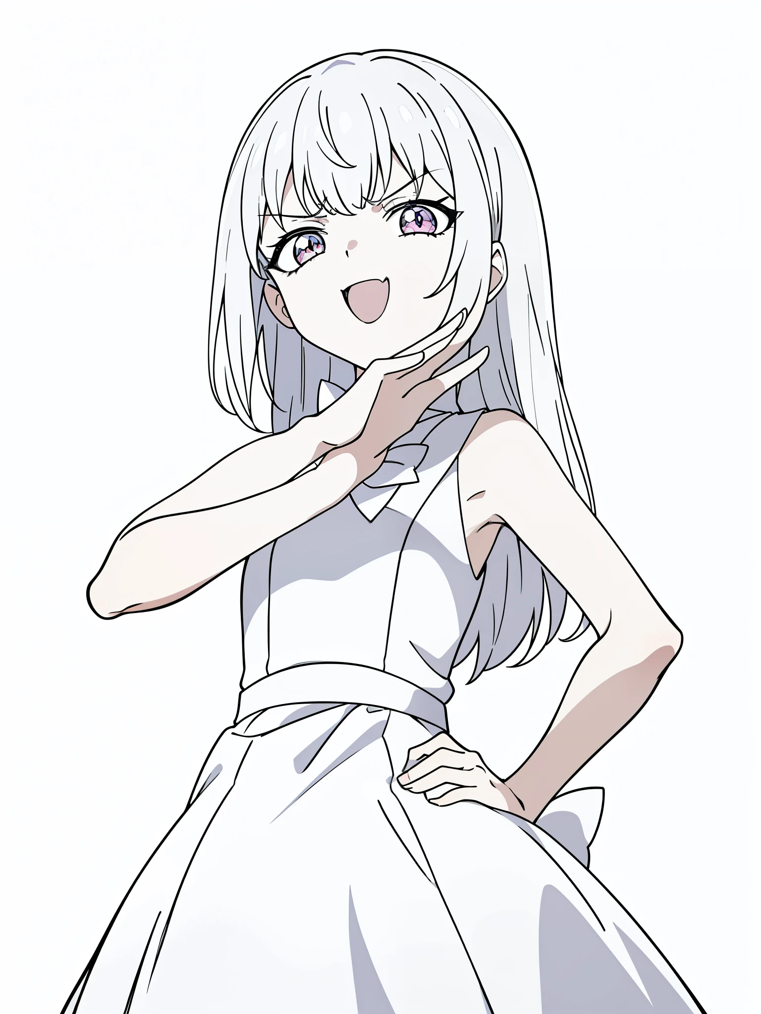 (1girl,8 ,small),white hair,long hair,white dress, sleeveless, bow tie, bare shoulders,(white background,line drawing),(ojou-sama pose),angry,smile,upper body,looking at view,from below, hand on hip,squinted eyes,:D,evil smile,from below