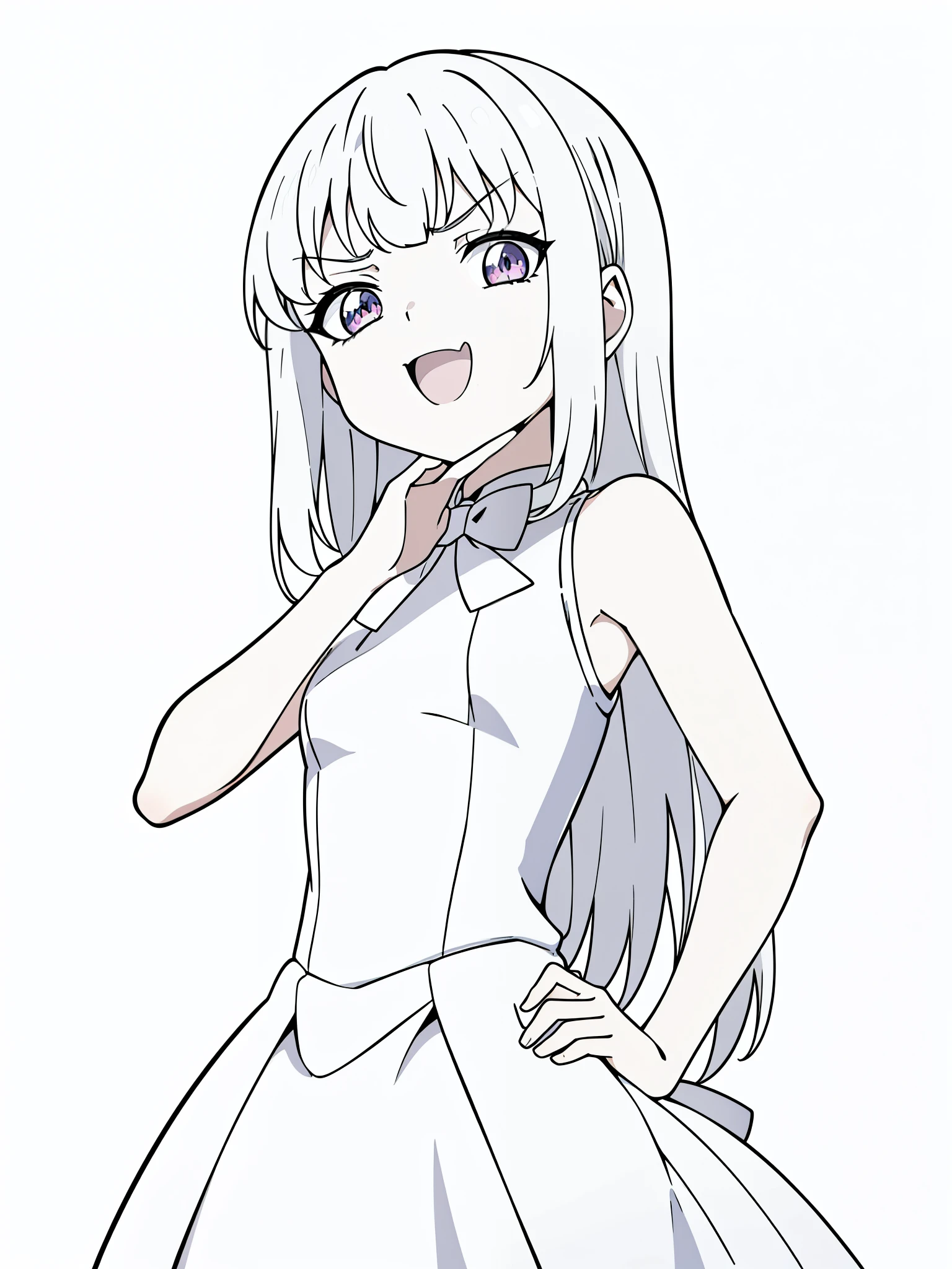 (1girl,8 ,small),white hair,long hair,white dress, sleeveless, bow tie, bare shoulders,(white background,line drawing),(ojou-sama pose),angry,smile,upper body,looking at view,from below, hand on hip,squinted eyes,:D,evil smile,from below