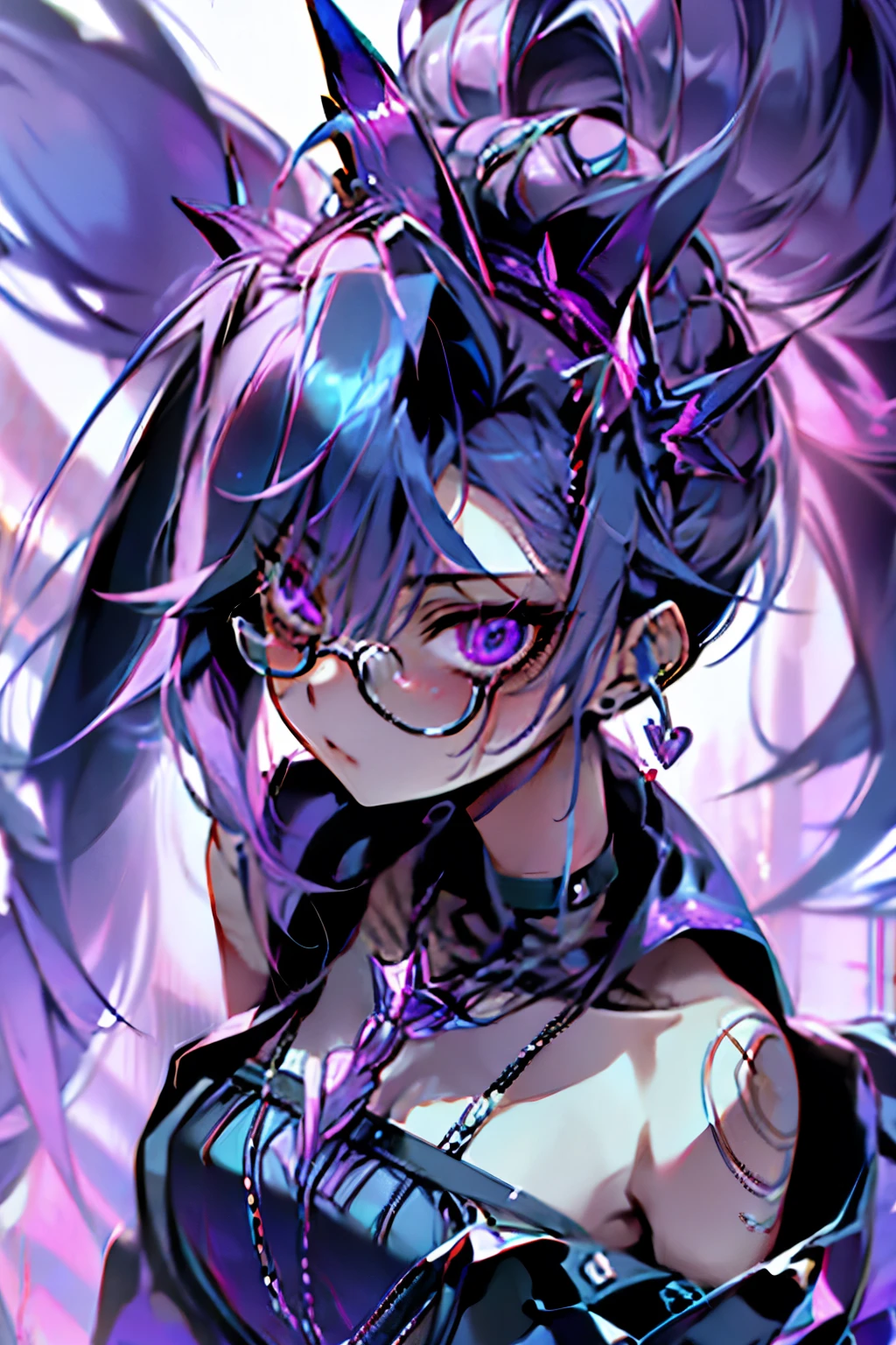 High resolution, masterpiece, Highest quality, One boy、Girlish、Painful expression、Blue glasses、Purple Hair、light blue、Gradation、Odd Eye、sadist、20 years old、headphone、adult、pantagic、god々Shii、Demon King、music