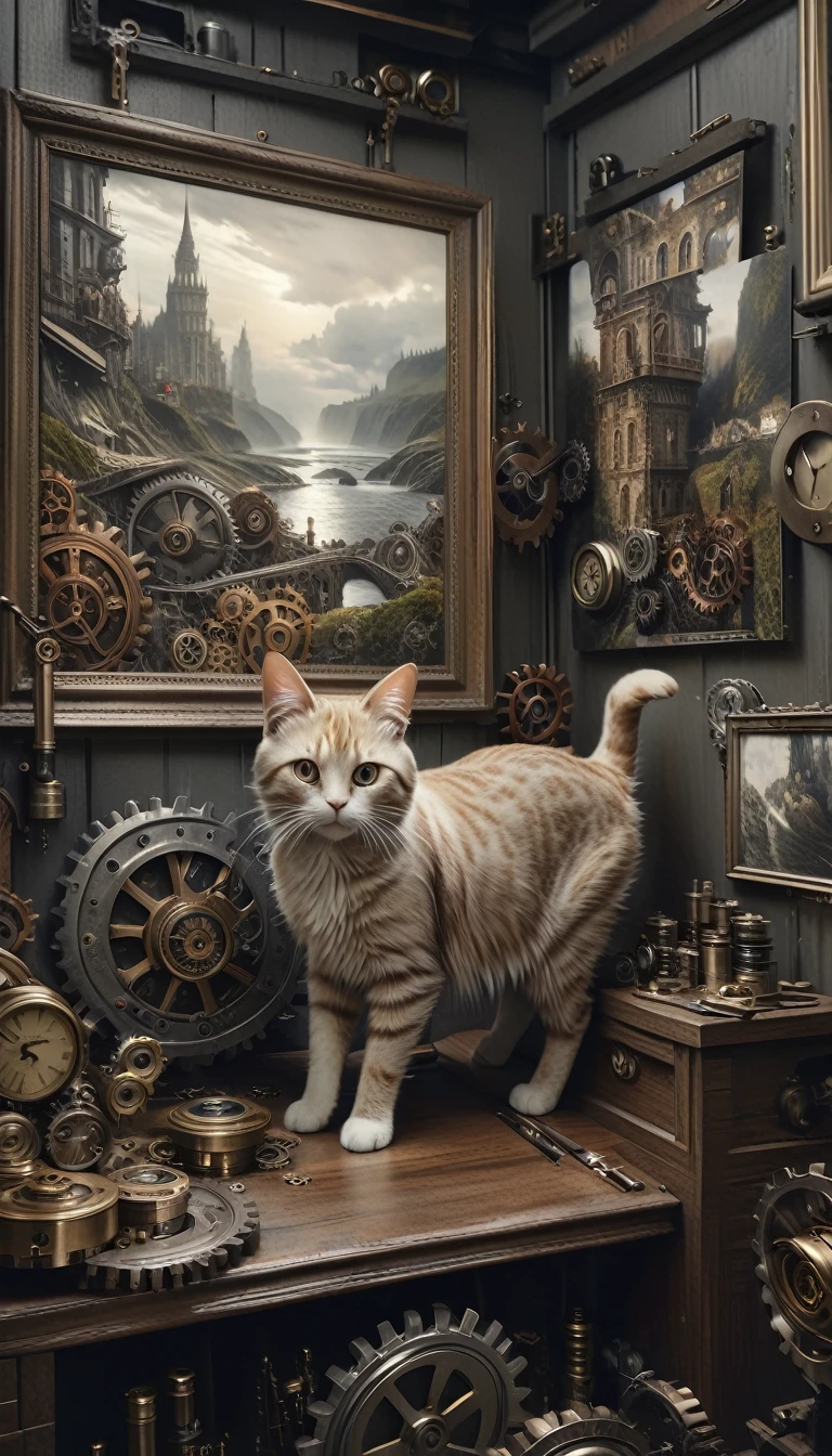 a cat in clockwork theme, oil painting, highly detailed, intricate gears, cogs, and mechanisms, surreal landscape, steampunk elements, dramatic lighting, cinematic composition, muted color palette, realistic textures, masterpiece, award-winning art, (best quality,4k,8k,highres,masterpiece:1.2),ultra-detailed,(realistic,photorealistic,photo-realistic:1.37)
