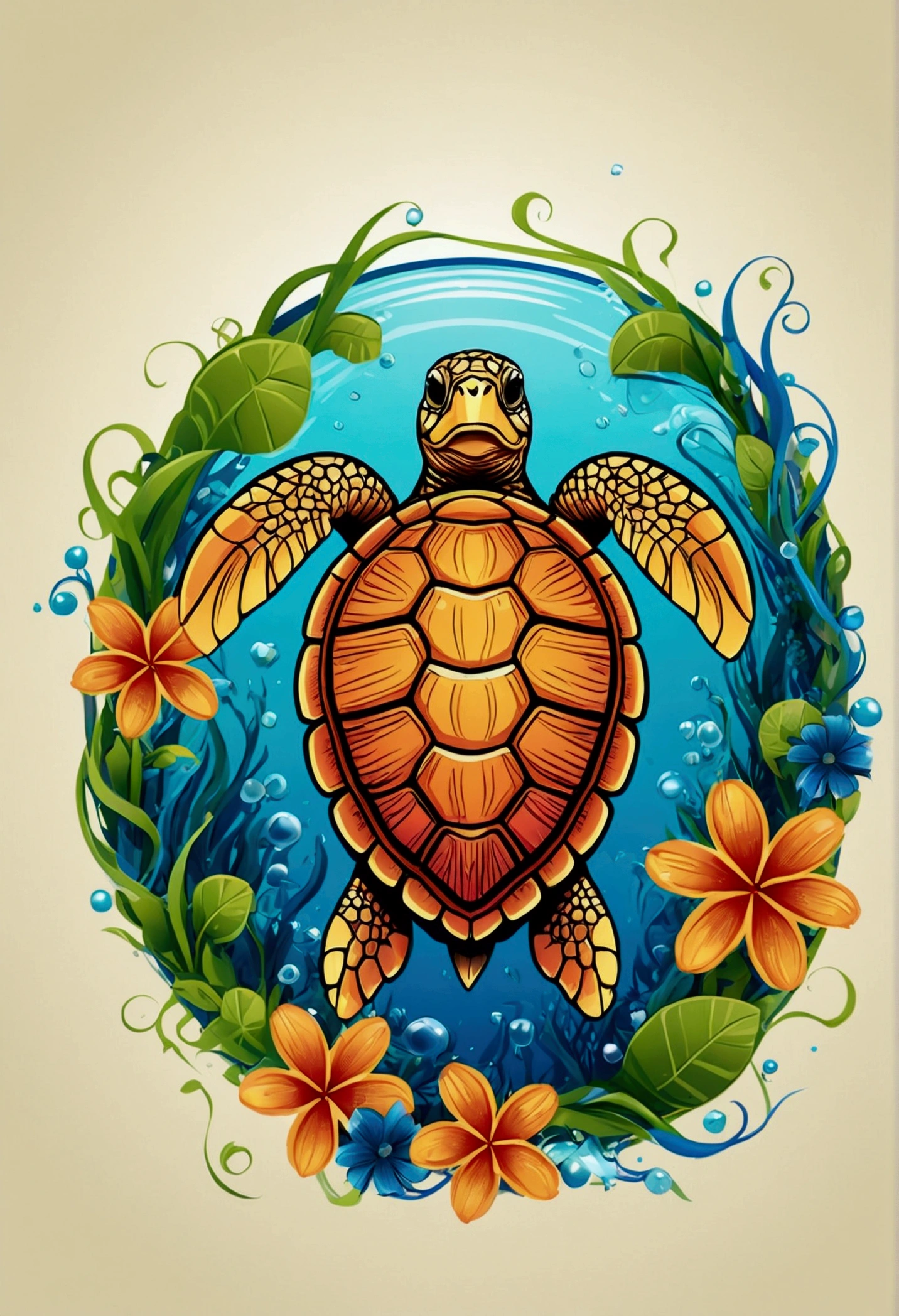::style vetor, sea turtle vector logo, vivid color,  soon in (((rounded shape))), buble de ar, flowers, seaweed around the logo, bright coloured ::n_style image background, Deformations in the logo, ultrarealistic, 32K