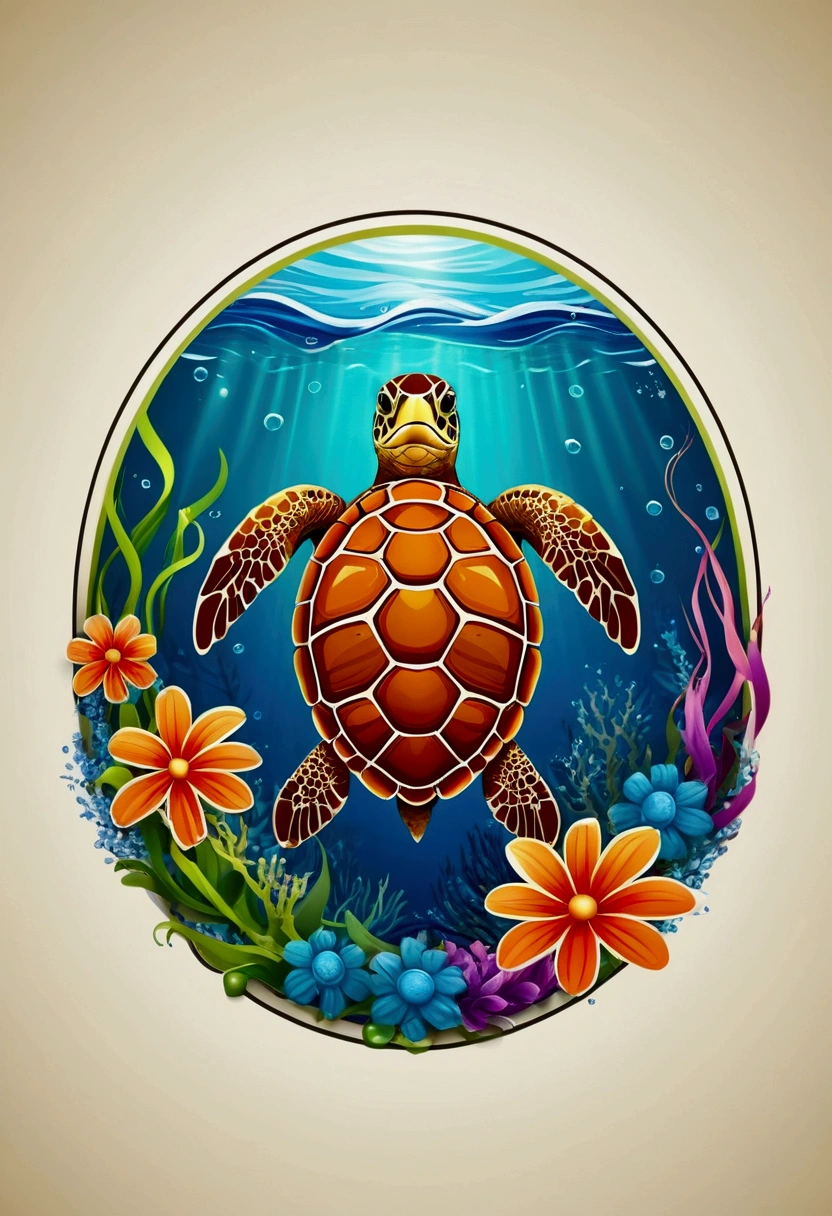 ::style vetor, sea turtle vector logo, vivid color,  soon in (((rounded shape))), buble de ar, flowers, seaweed around the logo, bright coloured ::n_style image background, Deformations in the logo, ultrarealistic, 32K