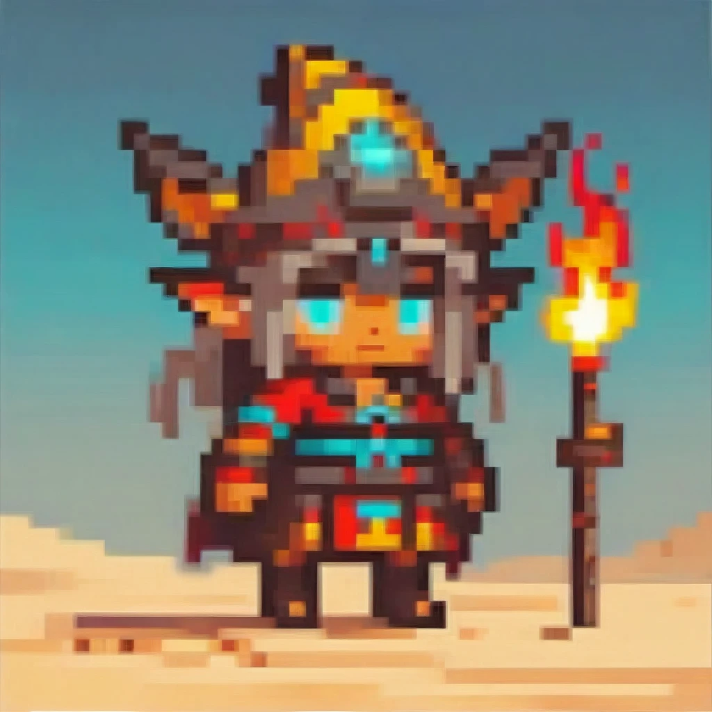  A chibi orc female character in tribal red and yellow shaman robes from a desert fantasy, holding a glowing staff with feathers. She has coyote ears and a tail, glowing turquoise eyes, and small spiraled horns. The staff radiates a fire elemental effect, and she is in a dynamic ritual pose. The artwork features cinematic lighting and moody colors, in a digital art, concept art style.