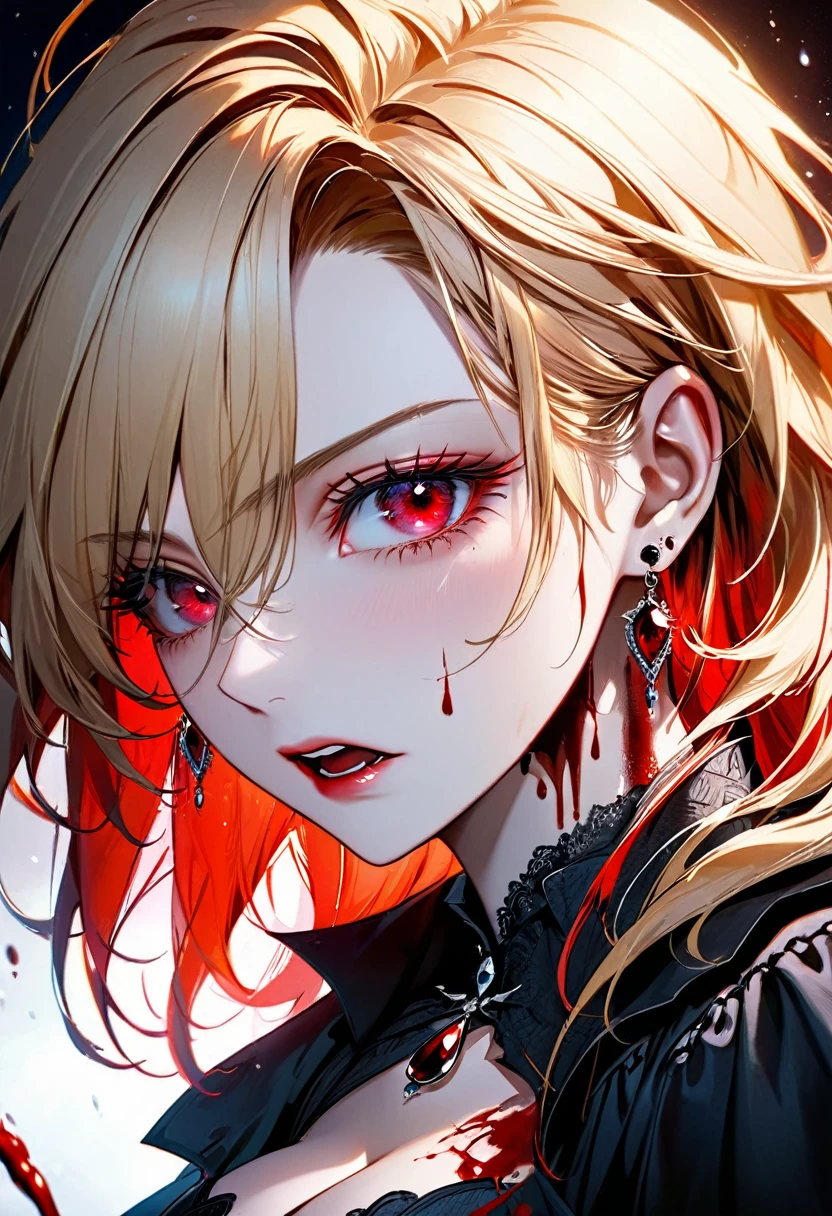 aa portrait of vampire with a bloody tear coming down from he eye, an exotic beautiful female vampire, blond hair color, dynamic hair style, ultra detailed face, best detailed face, silver eye color, ((1single red teardrop, teardrop made of blood coming down from the eye: 1.3)), small cleavage, wearing two black diamond earrings, Ultra-high resolution, High Contrast, (masterpiece:1.5), highest quality, Best aesthetics), 16K fantasy art, best details, best quality, highres, (ultra wide angle: 1.2), 16k, [ultra detailed], masterpiece, best quality, (extremely detailed), ladyshadow, magical sky, crying style