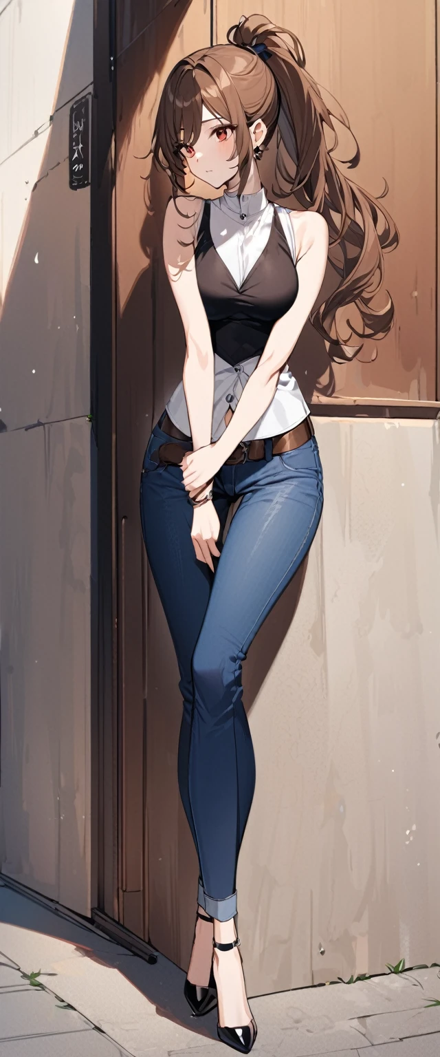 A tall girl, sexy, beautiful, cute, long brown hair, ponytail, red eye, she wears a white shirt under a short sleeveless black vest and blue denim pants, a brown belt, a black heel.