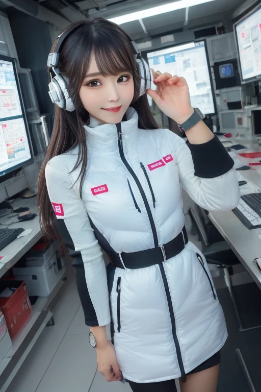 masterpiece, Highest quality, Very detailed, 8K Portrait,Japanese Android Girl,plump , Control panel,Robotic arms and legs, Blunt bangs,,break (Metallic Gray, Metallic luster, Mirror finish, Astro Best):5,headphone:5,break (Black sleeves):100,Smart Watches,Futuristic space station,Control Room,break headphone,blue eyes,(Black Hair):2,(Long Hair):1.3,Viewer Display,(respirator),break blush:3,Hidden Hand,smile