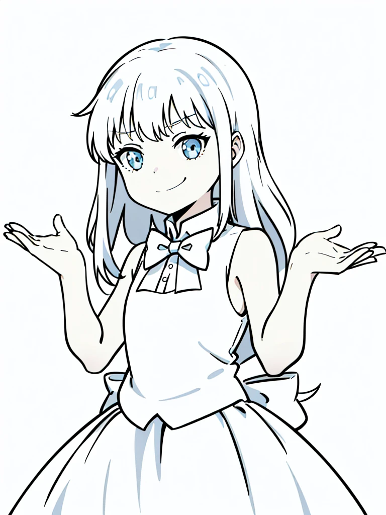 (1girl,8 ,small),white hair,long hair,white dress, sleeveless, bow tie, bare shoulders,(white background,line drawing),angry,smile,upper body,looking at view,from below,shrugging