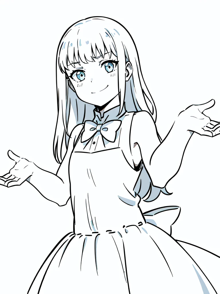 (1girl,8 years old,small),white hair,long hair,white dress, sleeveless, bow tie, bare shoulders,(white background,line drawing),angry,smile,upper body,looking at view,from below,shrugging