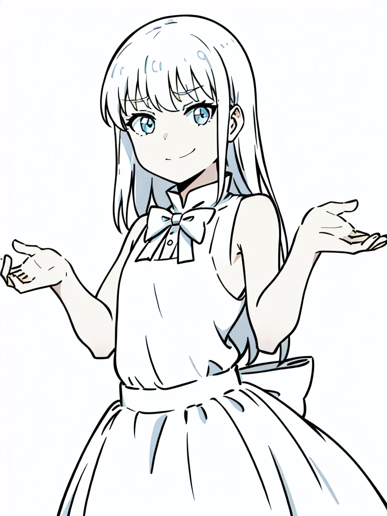 (1girl,8 years old,small),white hair,long hair,white dress, sleeveless, bow tie, bare shoulders,(white background,line drawing),angry,smile,upper body,looking at view,from below,shrugging