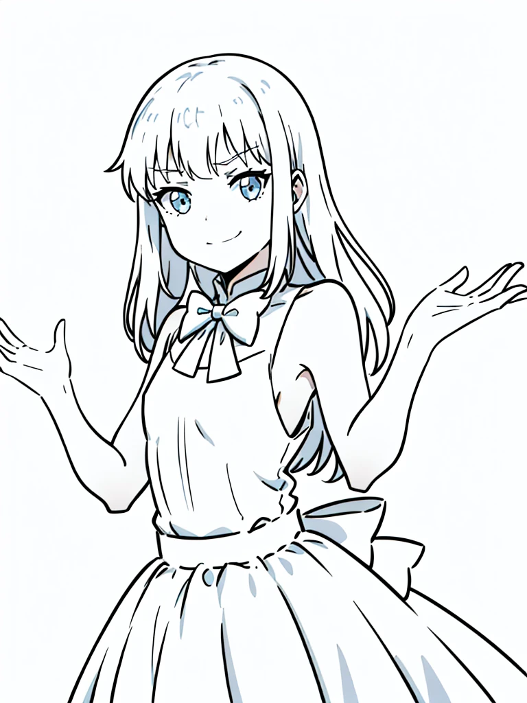 (1girl,8 ,small),white hair,long hair,white dress, sleeveless, bow tie, bare shoulders,(white background,line drawing),angry,smile,upper body,looking at view,from below,shrugging