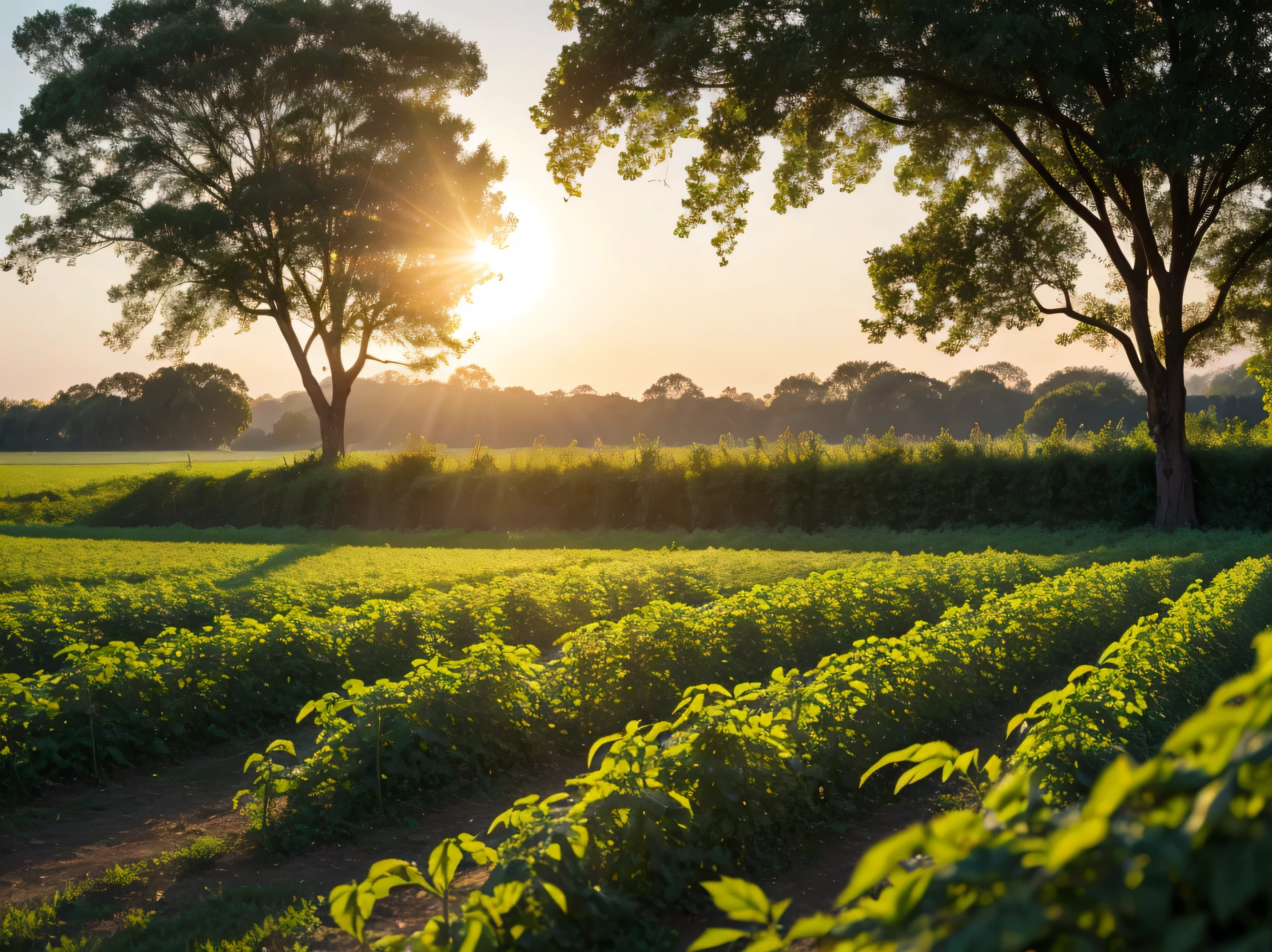 a field of tomato plantations, at dawn, green and incredibly beautiful leaves, with a bright sun centered in the background in a blue sky, canon5 camera, 24mm lens, advertising photo, cinematography