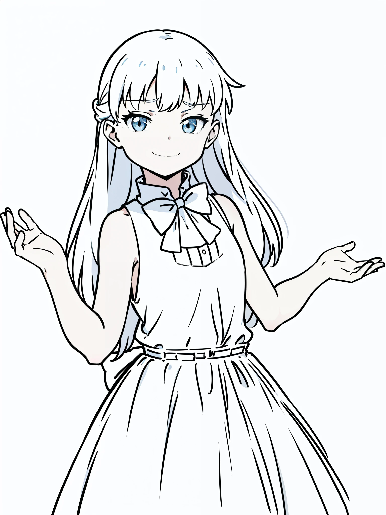 (1girl,8 years old,small),white hair,long hair,white dress, sleeveless, bow tie, bare shoulders,(white background,line drawing),angry,smile,upper body,looking at view,from below,shrugging