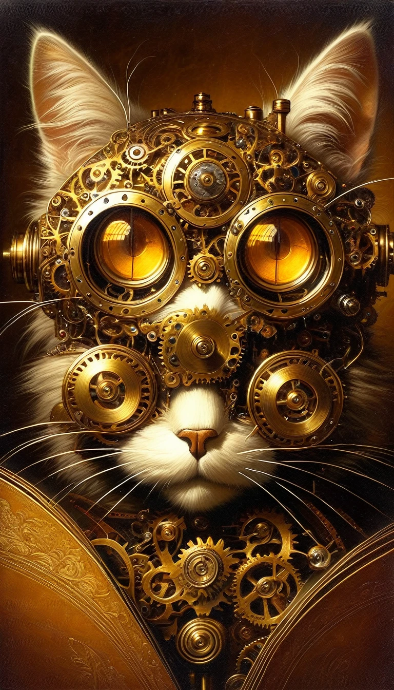 a clockwork cat, mechanical cat, intricate gears, clockwork mechanism, steampunk, cogs and springs, intricate details, elegant feline, amber eyes, realistic fur, leather-bound book, antique brass, sepia tones, dramatic lighting, masterpiece, photorealistic, hyper-detailed, oil painting, Bill Sienkiewicz inspired art