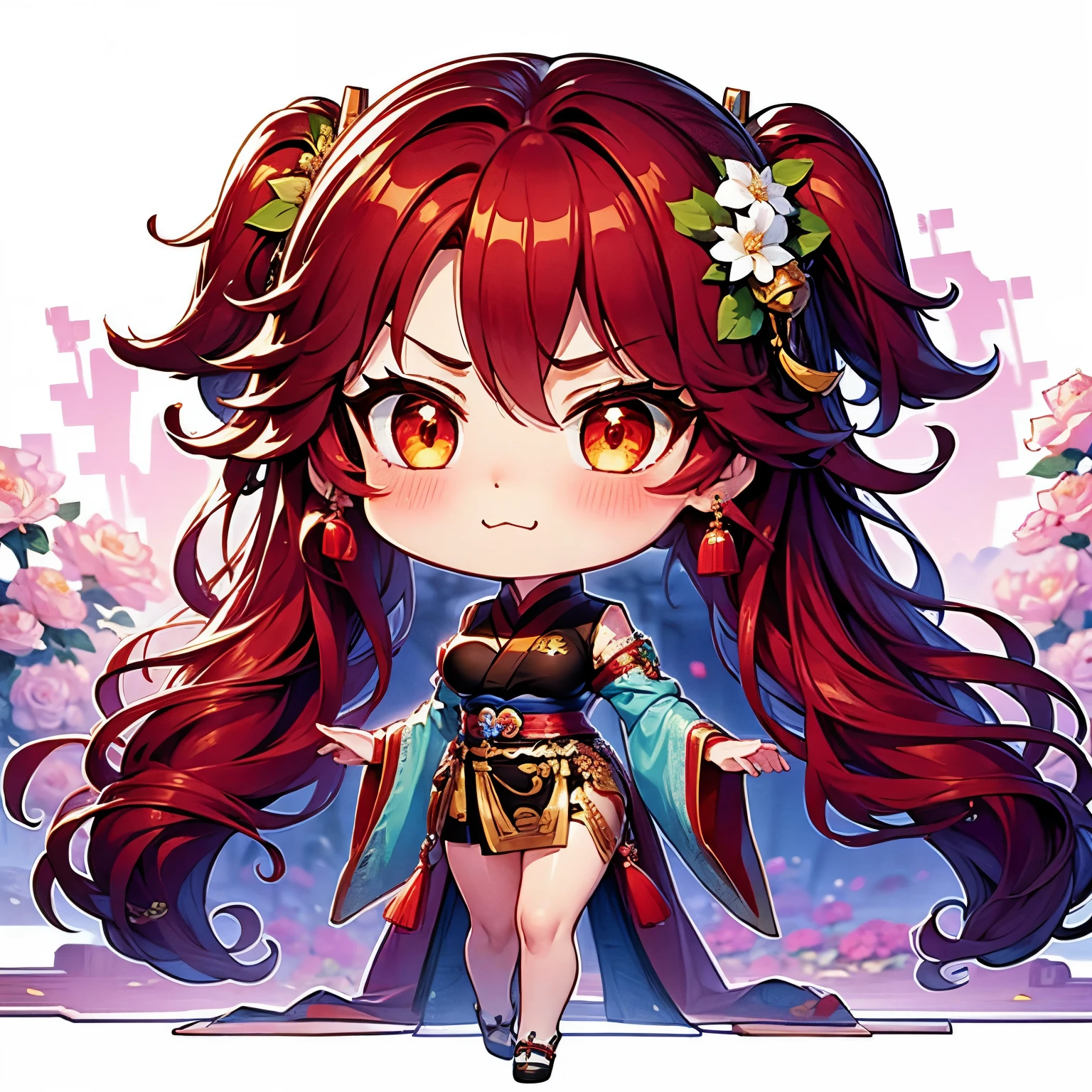 Chibi character pixel art, ((xian mei)), 1 girl, long red hair, standing, Chibi style, shapely breasts, high quality pixel art, Gege Akutami, photography, beautiful, colorful, realistic, masterpieces, top quality, best quality, official art, beautiful and aesthetic, hanfu, perfect anatomy, mini solo chibi, angry, angry, hungry, angry, flower garden,