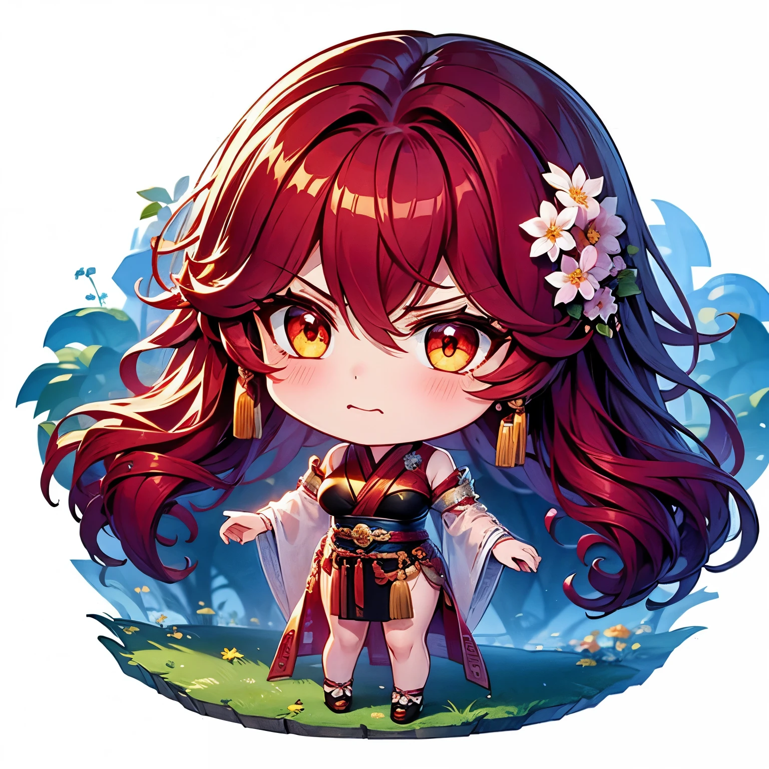 Chibi character pixel art, ((xian mei)), 1 girl, long red hair, standing, Chibi style, shapely breasts, high quality pixel art, Gege Akutami, photography, beautiful, colorful, realistic, masterpieces, top quality, best quality, official art, beautiful and aesthetic, hanfu, perfect anatomy, mini solo chibi, angry, angry, hungry, angry, flower garden,