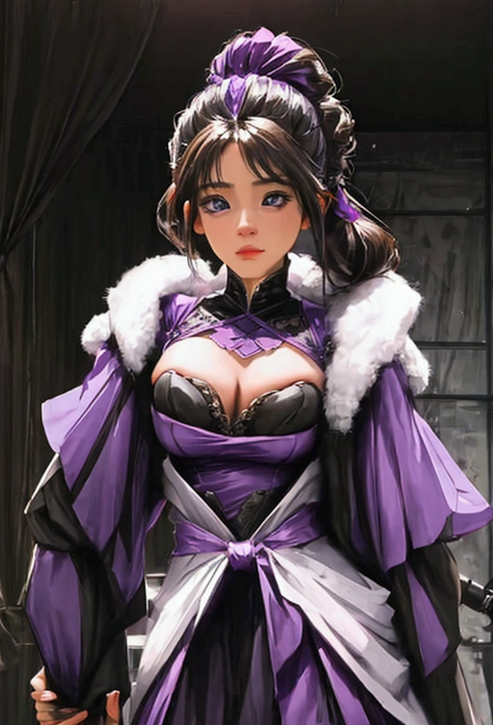Black and lilac costume and equipment of a heroine with magical powers.