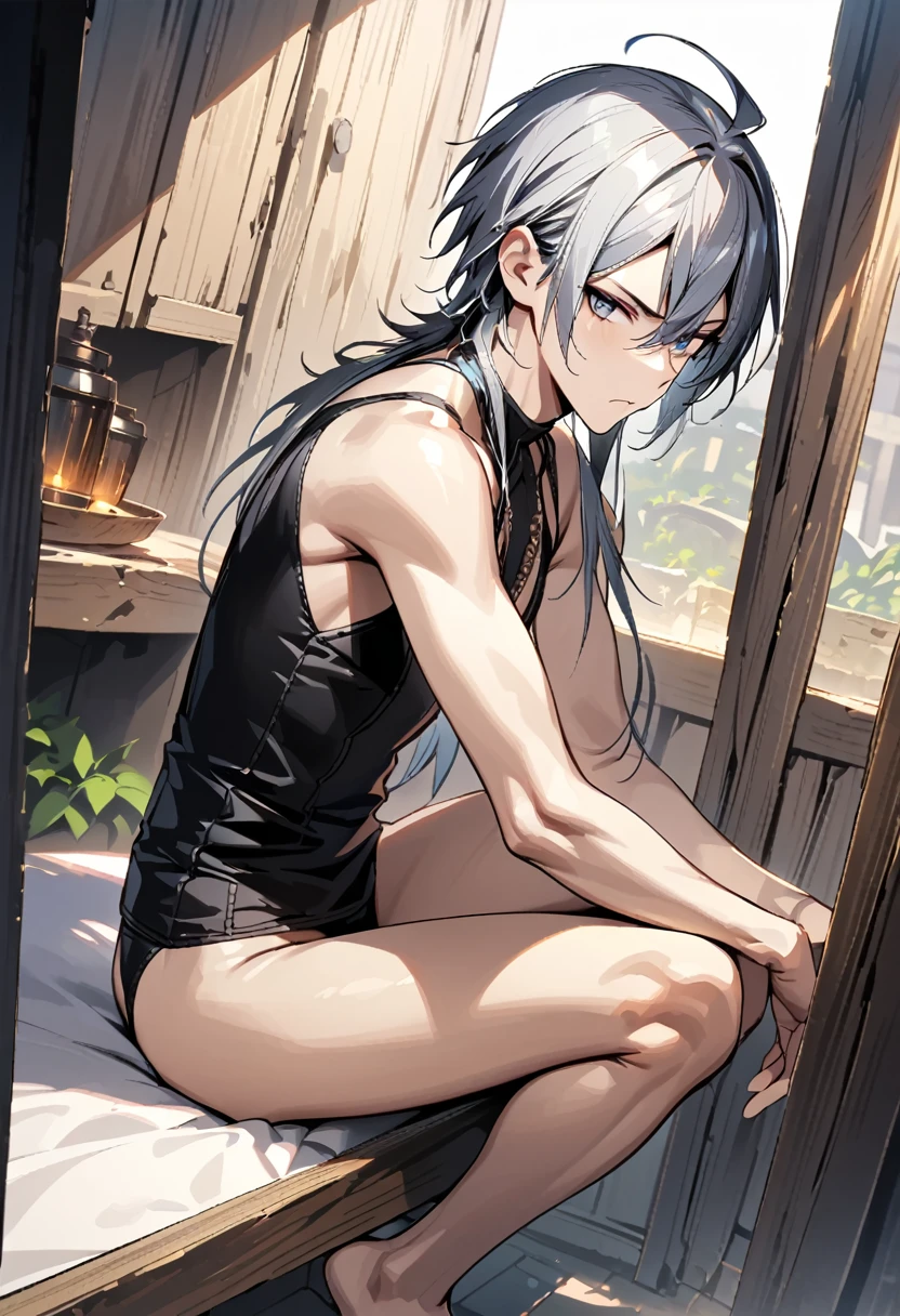 absurdres, highres, ultra detailed, super fine illustration, best quality, 1boy, perfect anatomy, male focus, solo, (dark-skinned:0.8) male, silver hair, long hair, black bikini, bare shoulders, bare arms, bare legs, &lt;lora:_L2090:-0.6&gt; &lt;lora:flat:-0.2&gt;