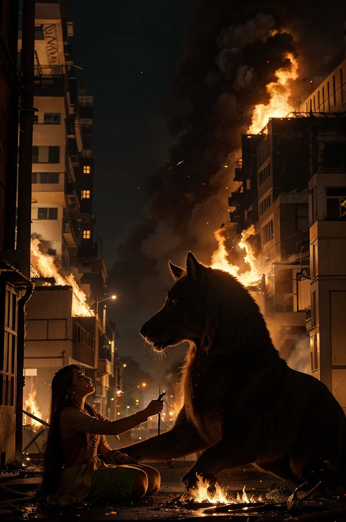 illustration for a fairy tale about animals saving people in a city from a fire
