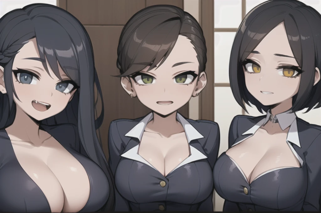 three sexy women in navy outfits who are wives of boy, portrait, opened mouths, various hair
