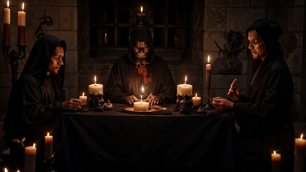 satanic ritual, men in black robes, three faces, sacrificing animals with blood, candles and skulls