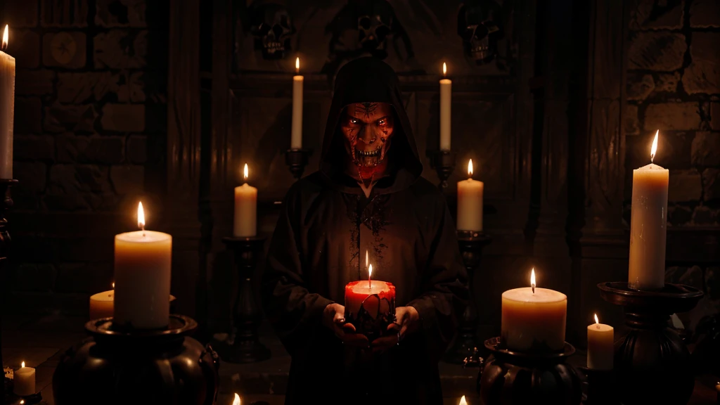 satanic ritual, men in black robes, three faces, sacrificing animals with blood, candles and skulls