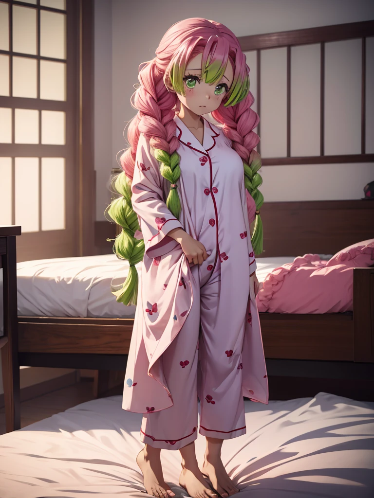Mitsuri in demon slayer anime, 1woman, wearing a cute pajamas, at morning bed, mitsuri's hair style, 8k, high detailed, high quality, full body