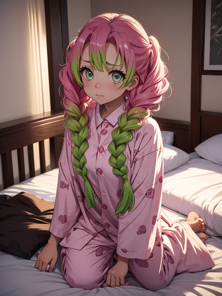Mitsuri in demon slayer anime, 1woman, wearing a cute pajamas, at morning bed, mitsuri's hair style, 8k, high detailed, high quality, full body