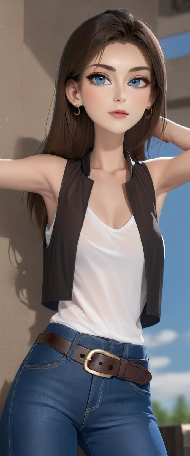  A tall girl, sexy, beautiful, cute, long brown hair, ponytail, red eye, she wears a white shirt under a short sleeveless black vest and blue denim pants, a brown belt, a black heel.