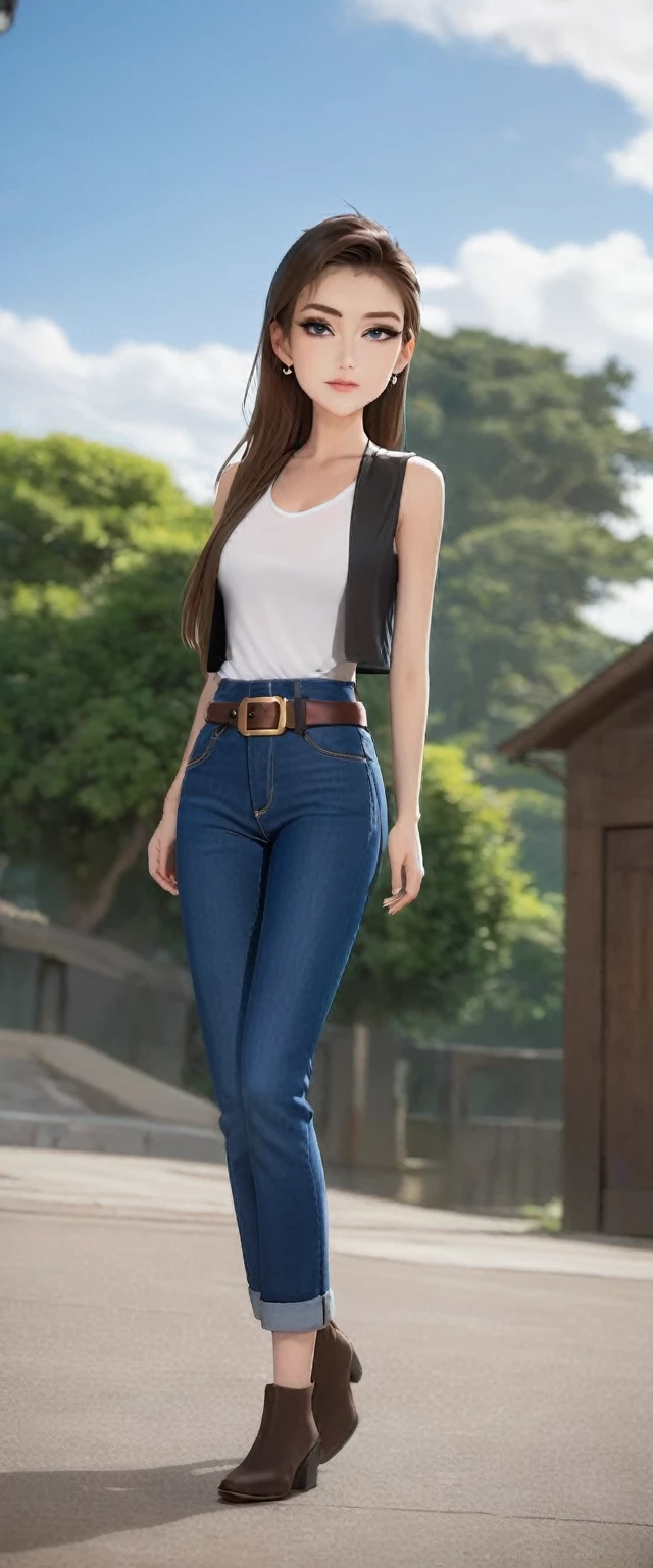  A tall girl, sexy, beautiful, cute, long brown hair, ponytail, red eye, she wears a white shirt under a short sleeveless black vest and blue denim pants, a brown belt, a black heel.