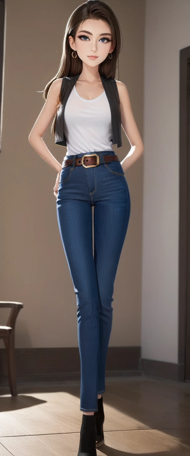  A tall girl, sexy, beautiful, cute, long brown hair, ponytail, red eye, she wears a white shirt under a short sleeveless black vest and blue denim pants, a brown belt, a black heel.