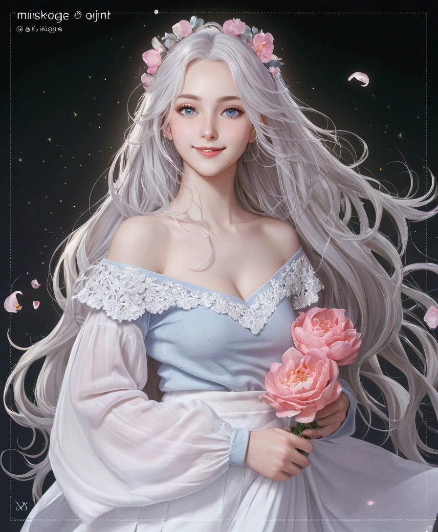 NSFW,realistic image, detailed image, coherent image, 1 beautiful girl, she has very long hair, white hair, light blue eyes, smiling expression. She is wearing a long-sleeved t-shirt, showing her navel, a pleated miniskirt, sneakers, She has a curvy body, medium breasts and thick thighs, She is posing sensually, lifting her skirt a little, arching her back, black background, uniform background, starry night, flower petals falling around, Soft focus, full body view, Dramatic shadows, Volumetric lighting, natural lighting,Alisa Mikhailovna Kujou,ahoge